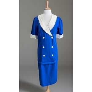 Vintage USA Royal Blue White Collar Double Breasted Drop Waist Midi Dress sz 12